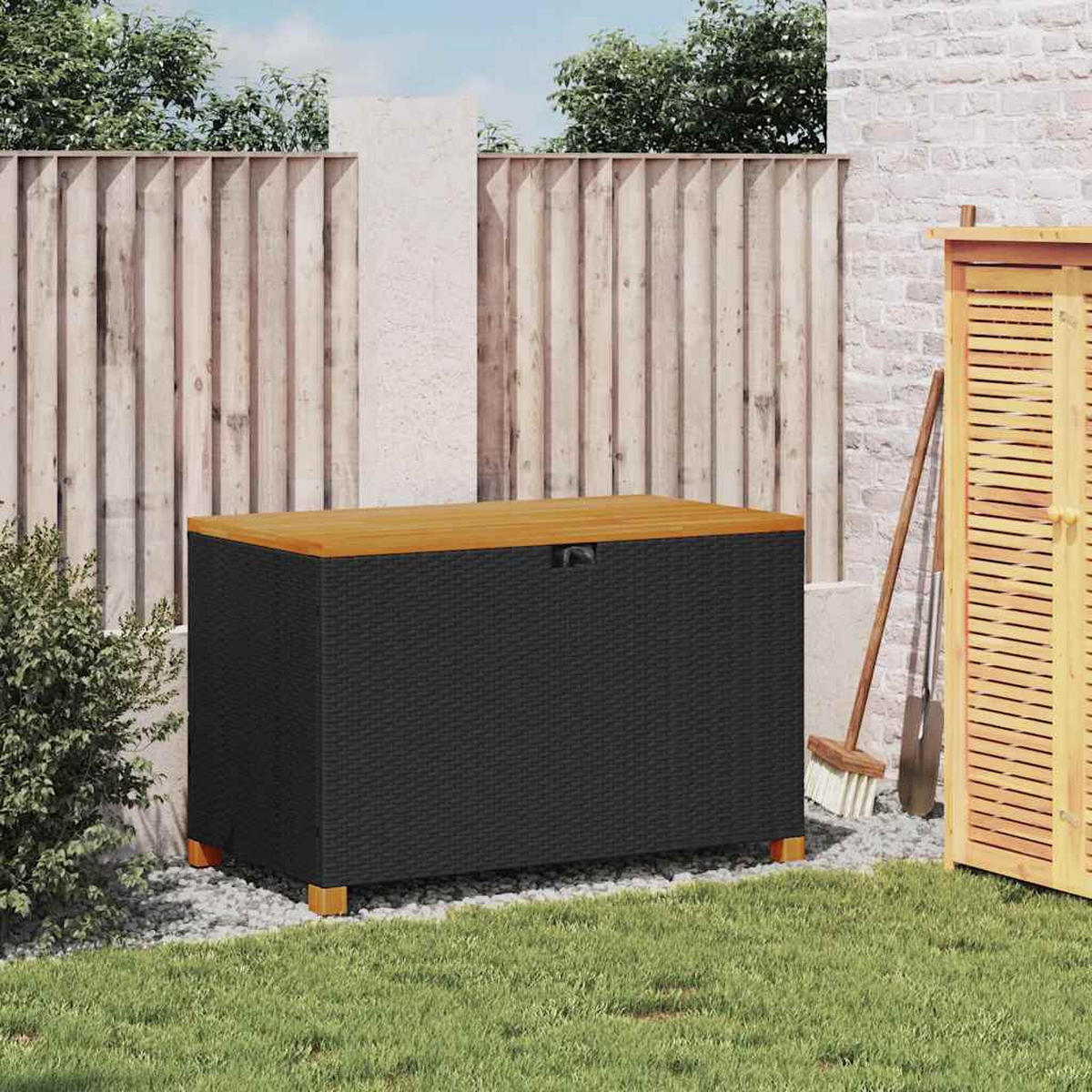GARTENTRUHE Schwarz 110x55x63 cm Poly Rattan Akazienholz - Schwarz, Kunststoff (110/63/55cm) - furnicato