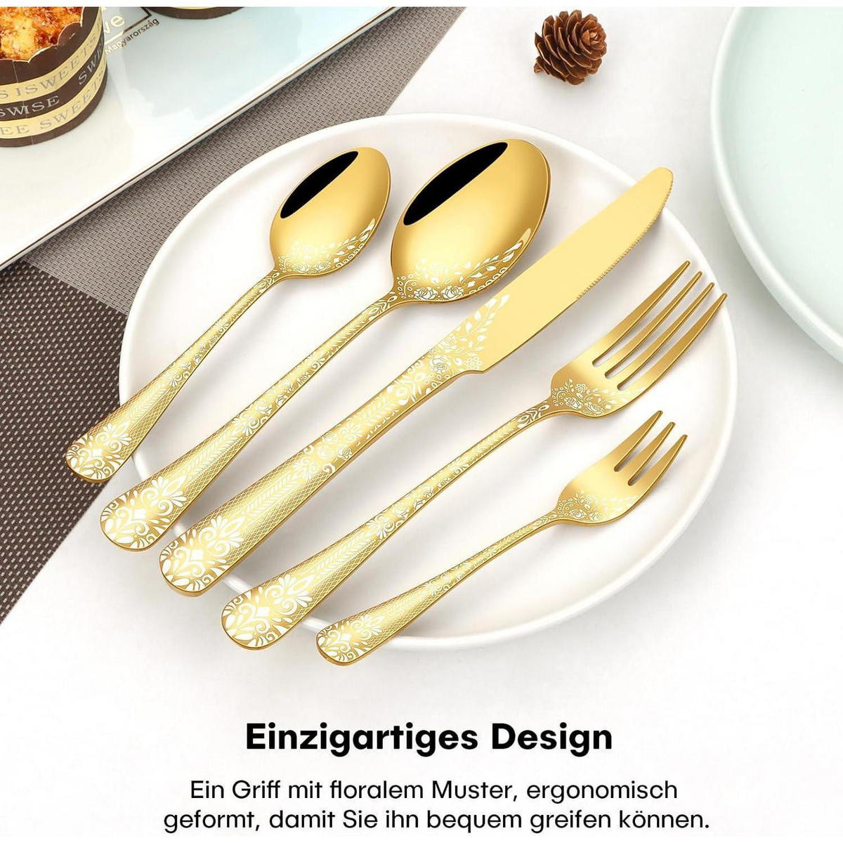BESTECKSET 30-teilig für 6 Personen Gold Blumenmuster Edelstahl - Goldfarben, Metall
