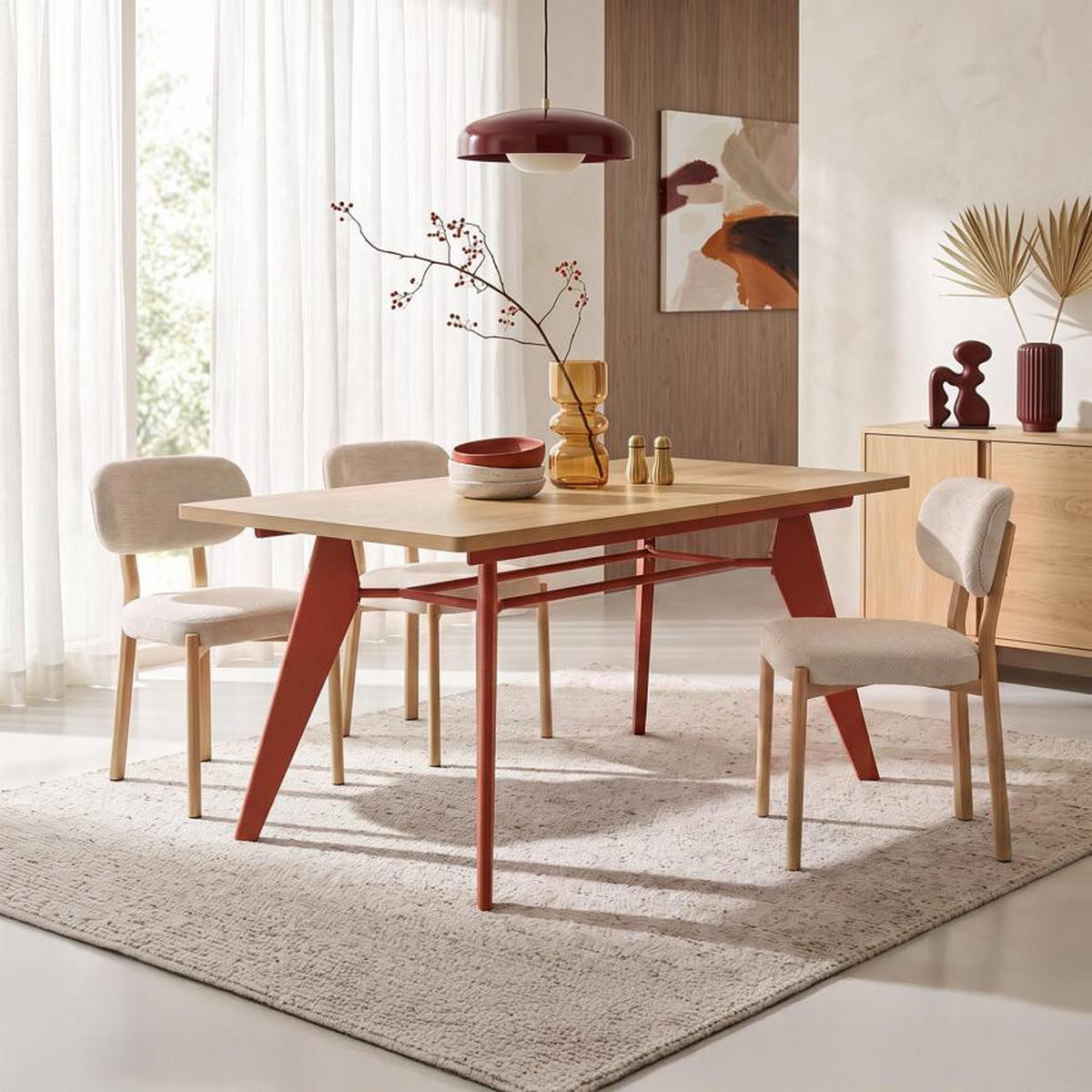 ESSTISCH ausziehbar 140/180cm Metallbeine Terracotta und Tischplatte Eiche-Optik Meloe - Eichefarben/Terracotta, Holzwerkstoff/Metall (90/140/76cm) - Sicaan