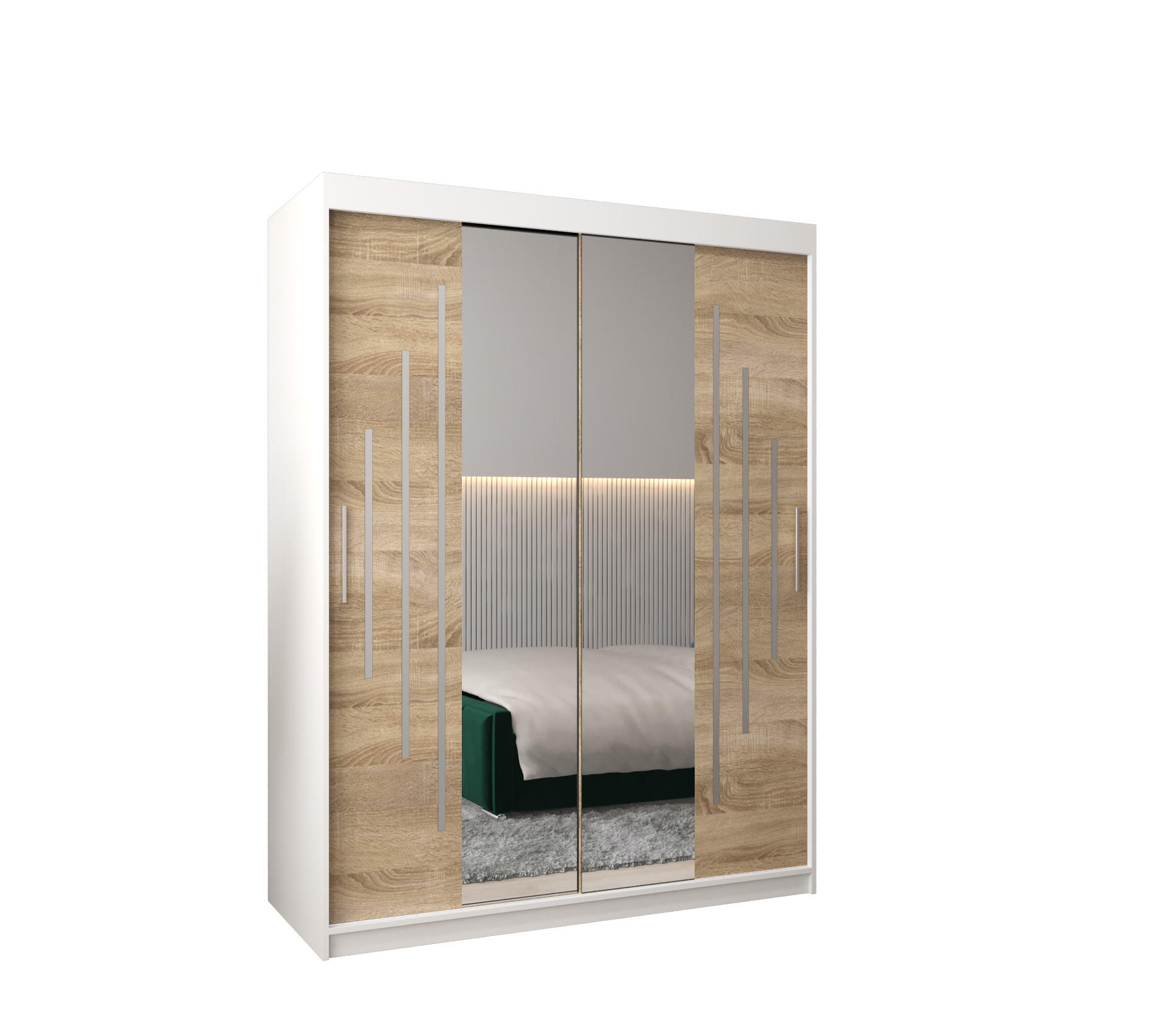 Abiks Möbel Schwebetürenschrank Weiß, Sonoma Eiche 150x200x62 cm