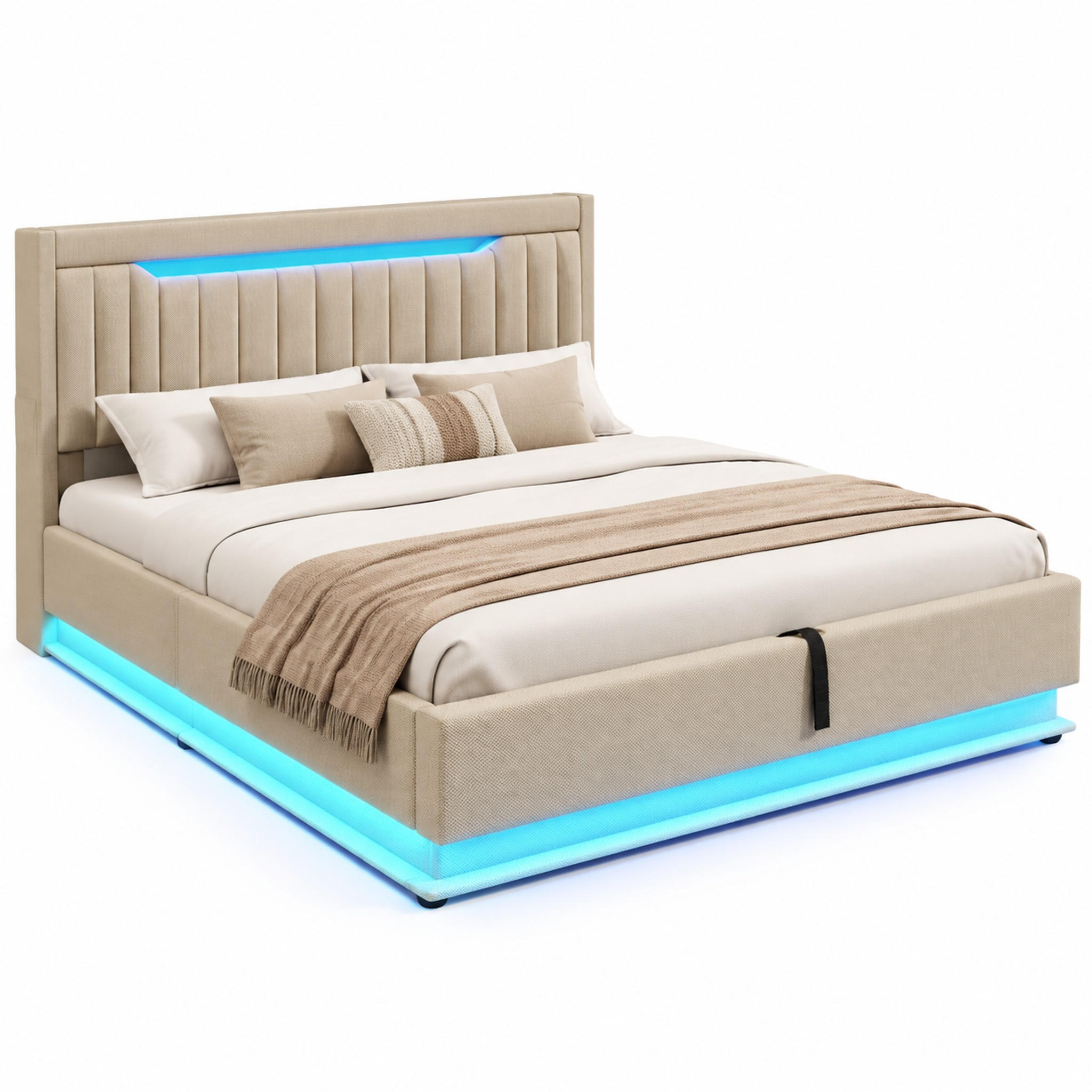 POLSTERBETT mit Stauraum, LED und USB 140x200 cm Beige Leinen - Beige, Metall (140/200cm) - Meubliv
