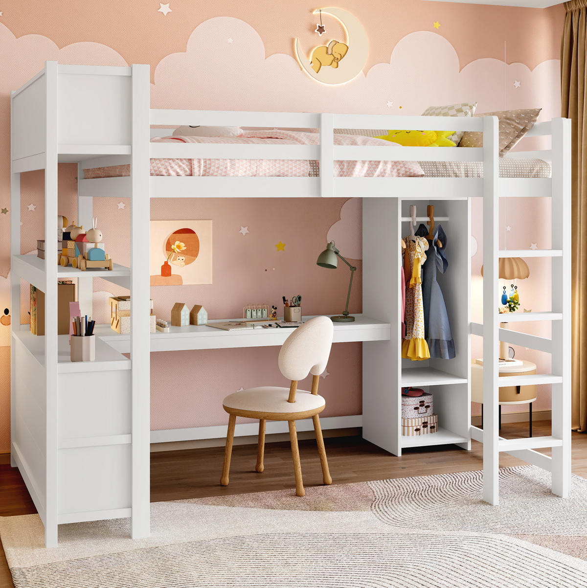 HOCHBETT 140/200 cm in Weiß mit Schreibtisch und Kleiderschrank - Weiß, Holz (140/200cm) - Flora Grace