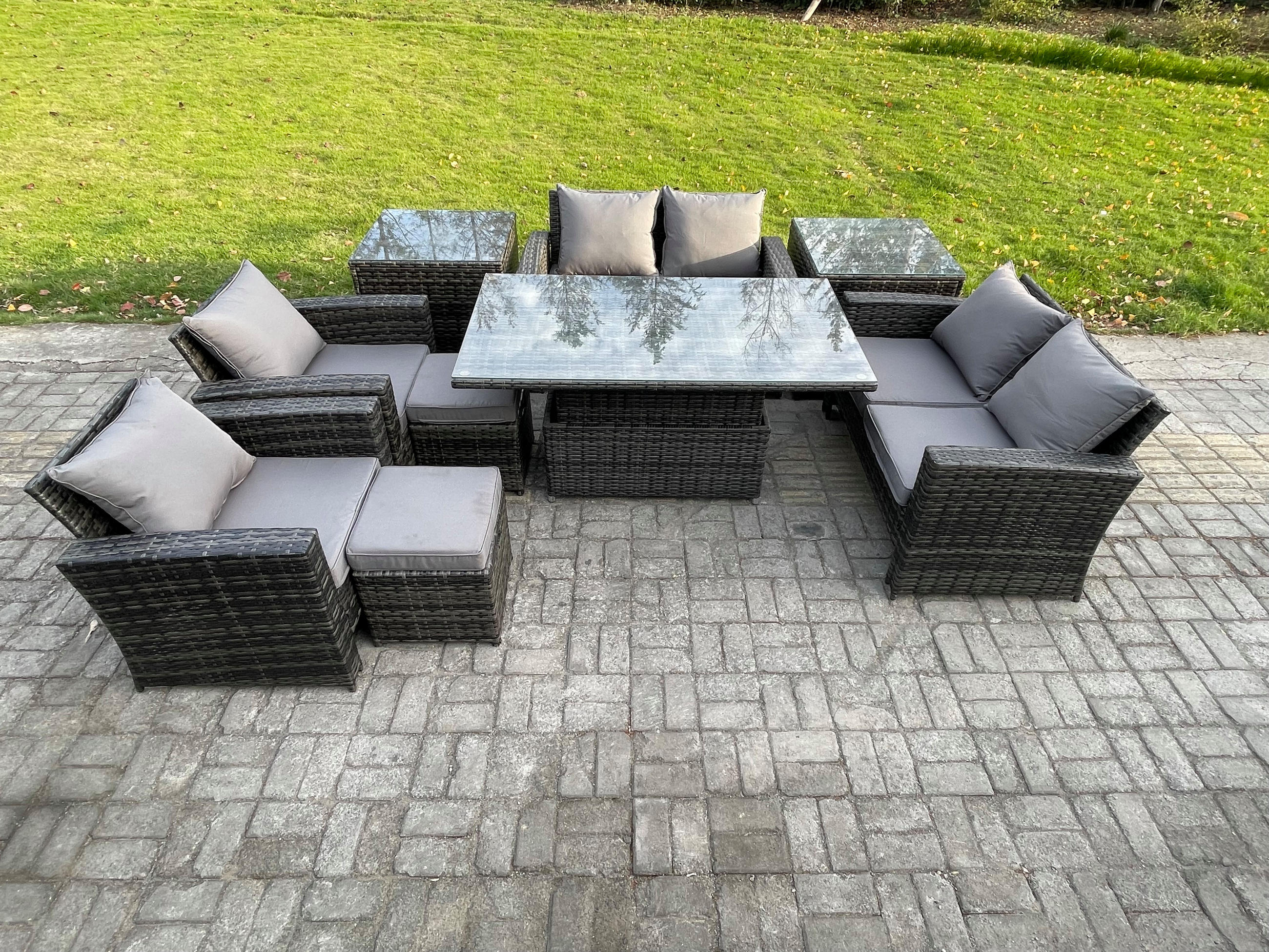 GARTENMÖBEL SET mit höhenverstellbarer Tisch Polyrattan Dunkelgrau 8-Sitzer - Dunkelgrau, Metall - Fimous
