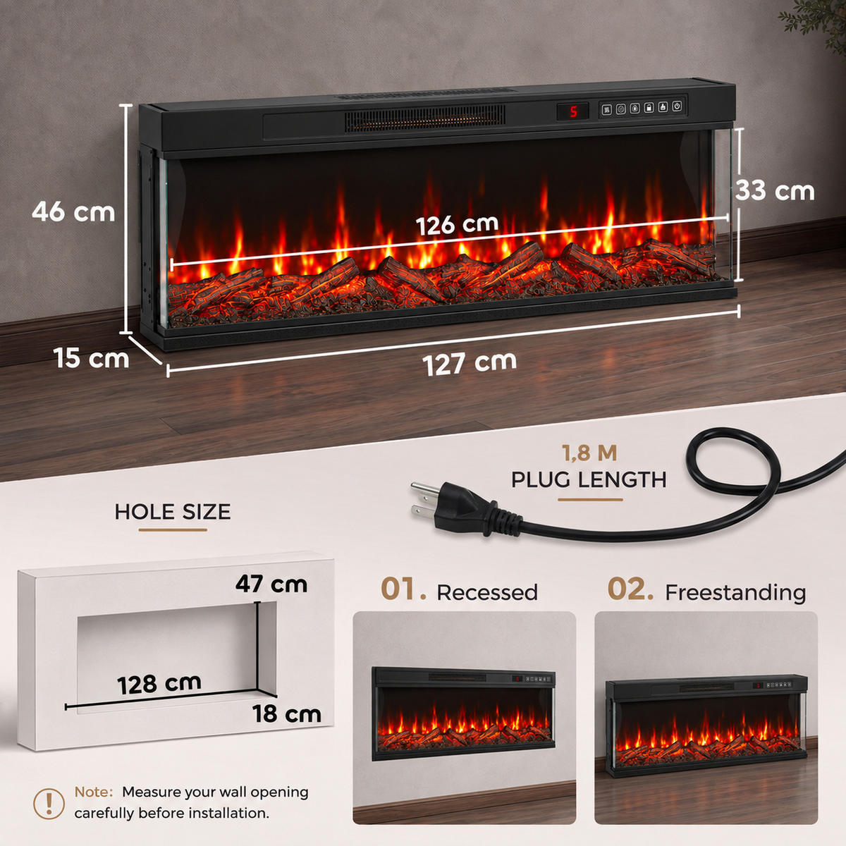 ELEKTROKAMIN Stahl gehärtetes Glas Schwarz - Schwarz, Metall (15/46/127cm) - HOMCOM
