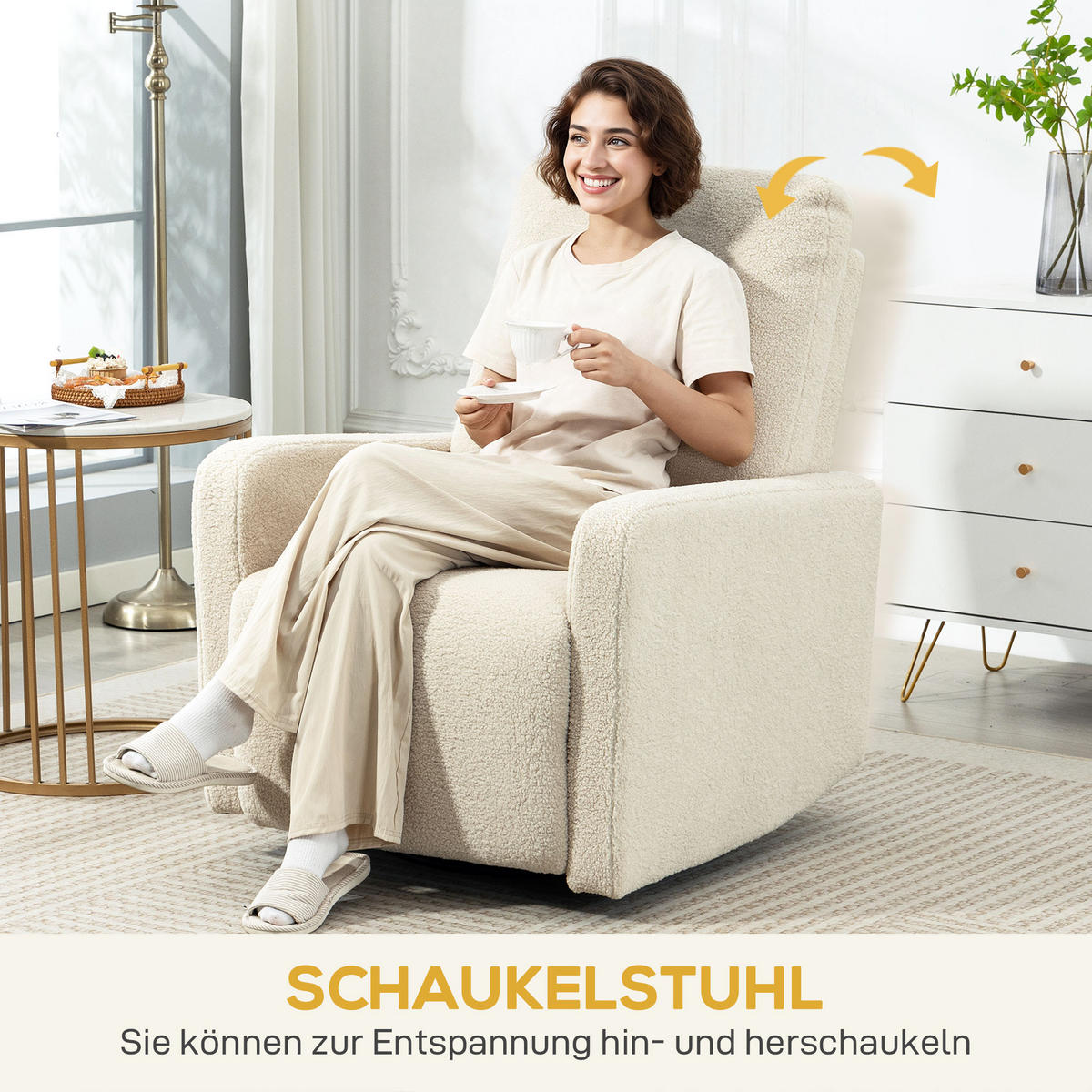 RELAXSESSEL, Fernsehsessel mit Liegefunktion, Wippfunktion, Fleece-Optik Beige - Beige, Textil (76/100/94cm) - HOMCOM
