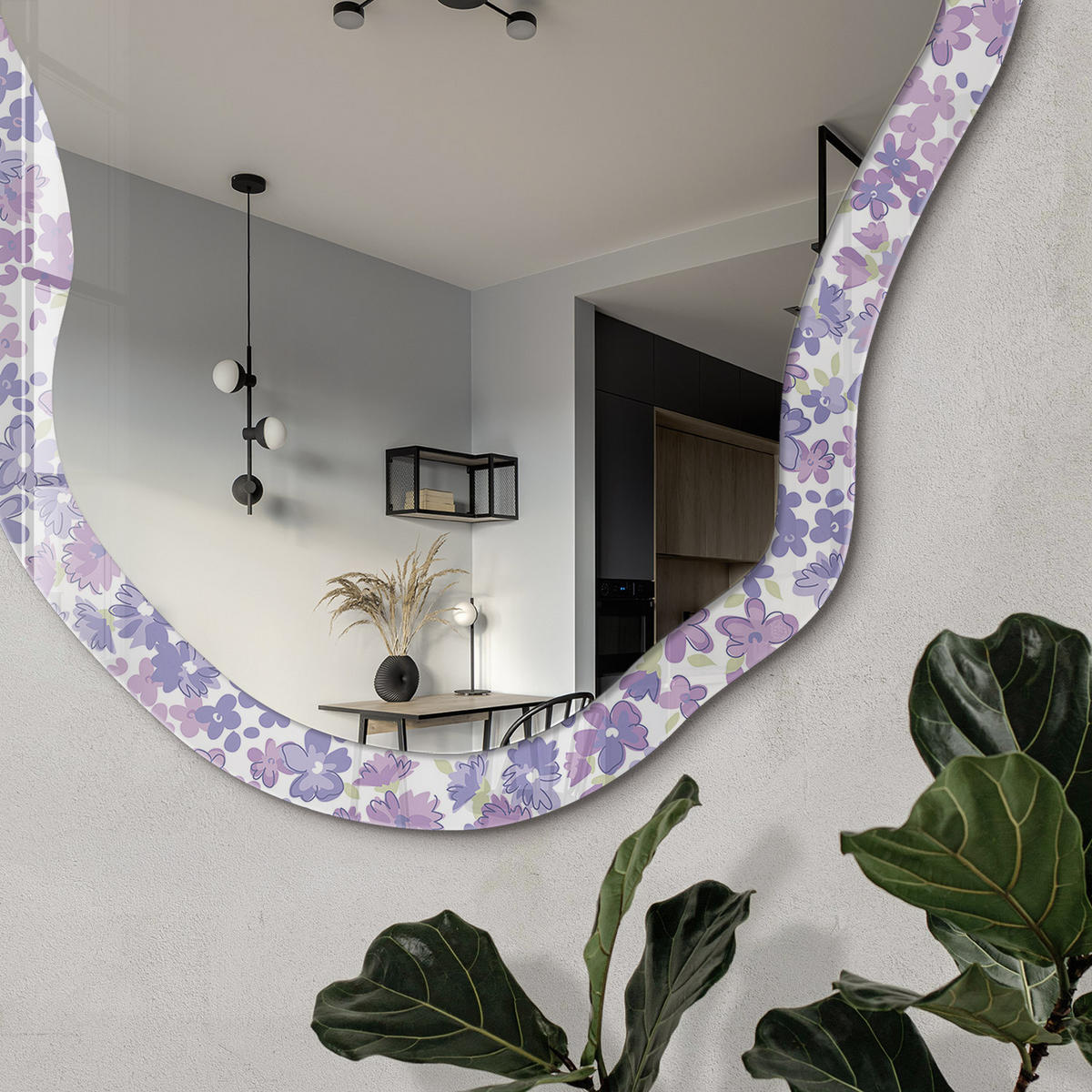 SPIEGEL 90x45 cm asymmetrisch mit Druck - Wiesenmuster - Transparent, Glas (45/90/0.4cm) - TULUP