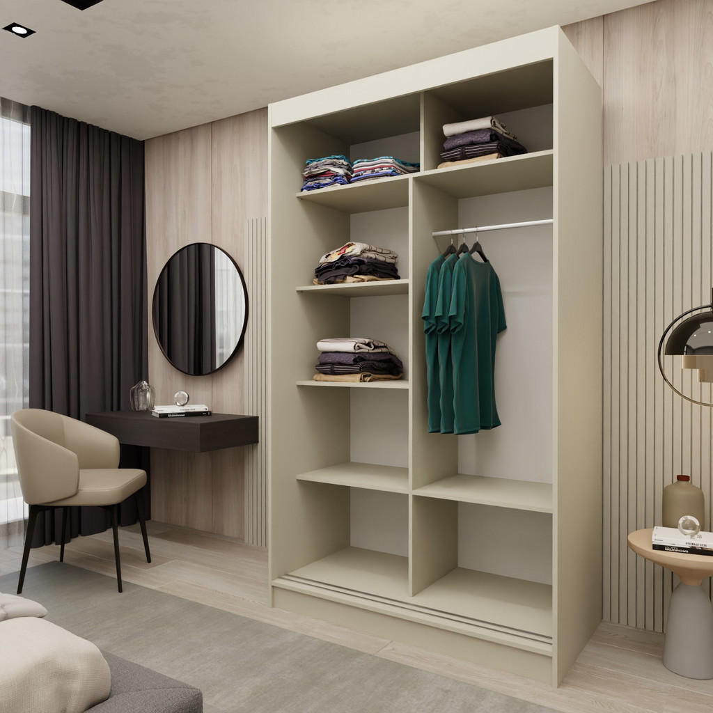Thumbnail - Masseno Schwebetürenschrank, Kaschmir, Holzwerkstoff, 5 Fächer, Rechteckig, 120x216x61 cm, Schlafzimmer, Kleiderschränke...