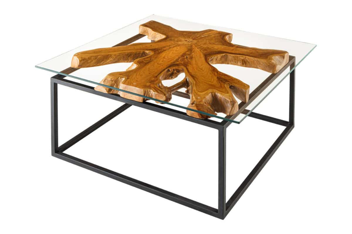 COUCHTISCH ROOT Teakholz quadratisch Natur|Schwarz|Transparent 70cm - Transparent/Schwarz, Glas/Holz (70/70/40cm) - riess-ambiente