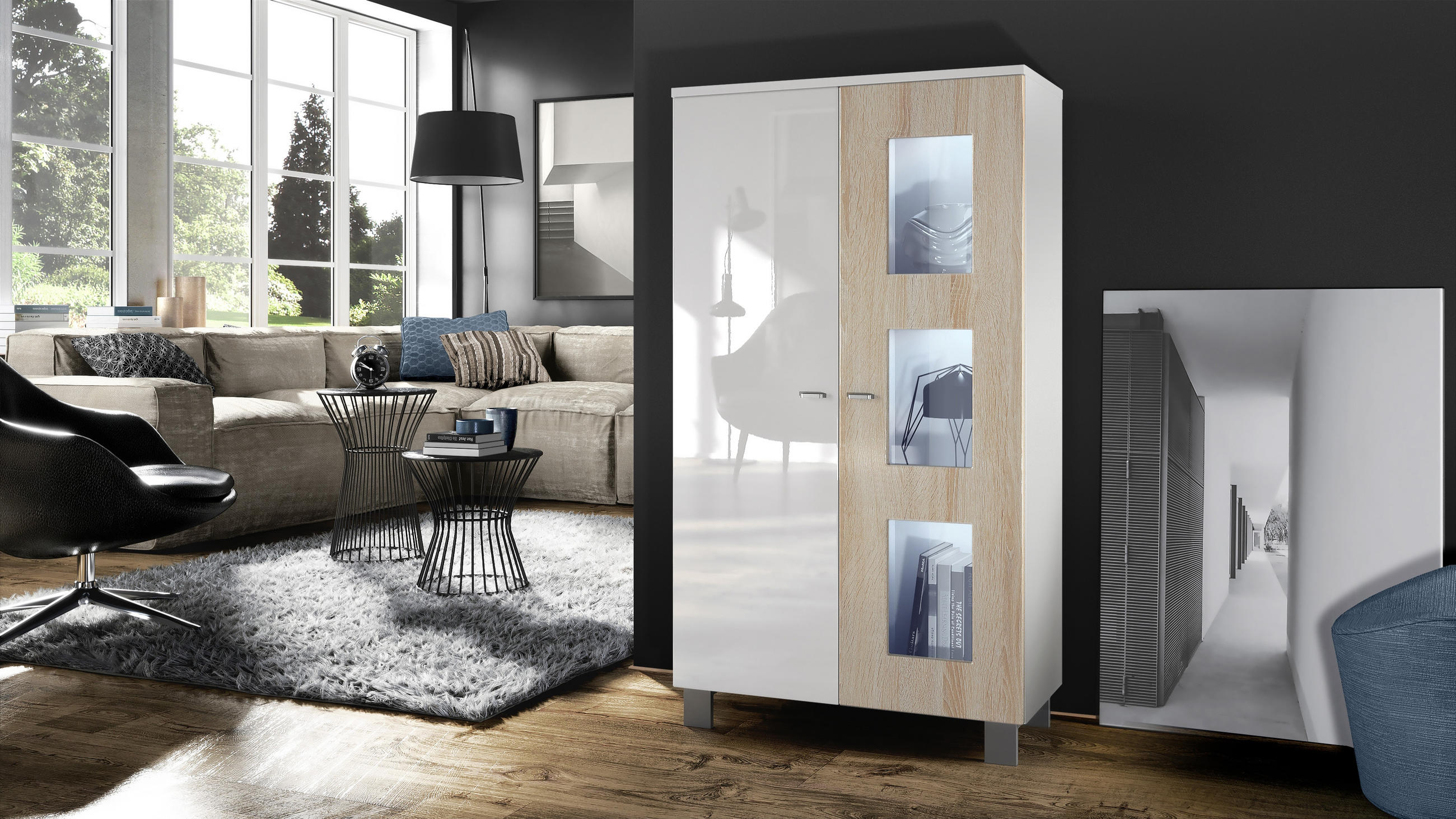 VITRINE Denjo Tür in Eiche sägerau - Eiche San Remo, Holzwerkstoff (71/129/35cm) - Vladon