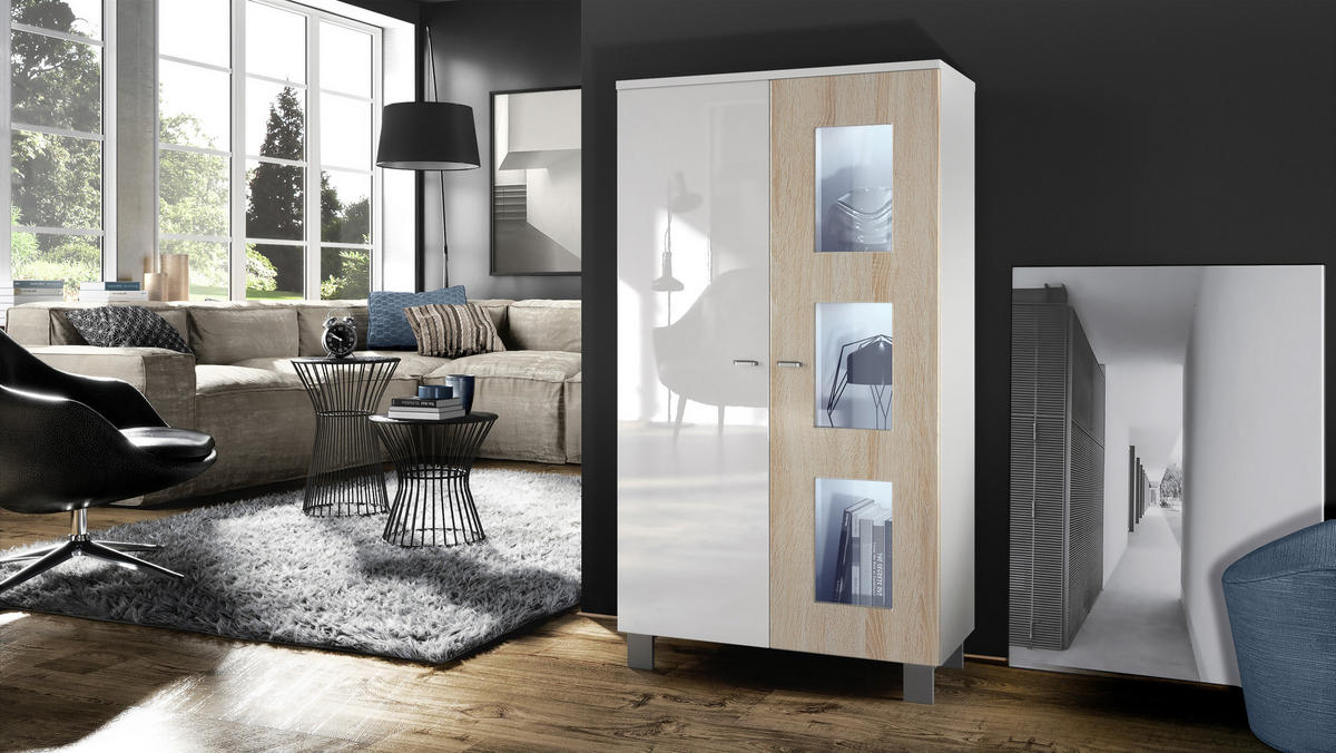 VITRINE Denjo Tür in Eiche sägerau - Eiche San Remo, Holzwerkstoff (71/129/35cm) - Vladon