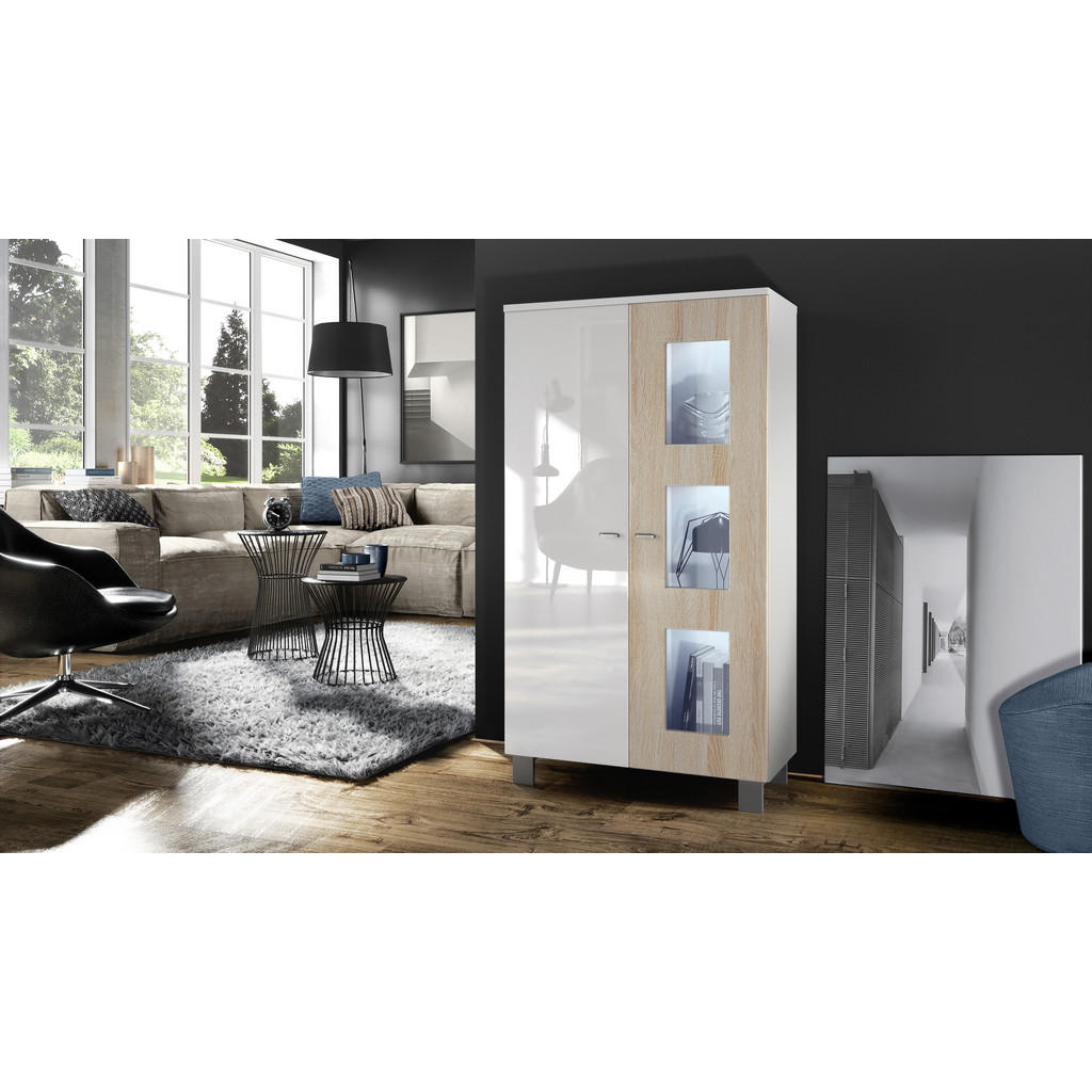 Thumbnail - Vladon Vitrine, Eiche San Remo, Holzwerkstoff, 71x129x35 cm, Wohnzimmer, Wohnwände, Vitrinenschränke