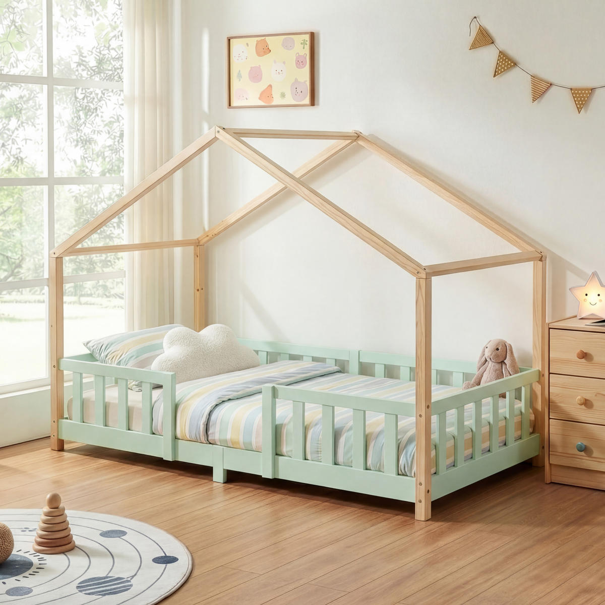 HAUSBETT Treviolo - Naturfarben/Mintgrün, Holz (90/200cm) - [en.casa]