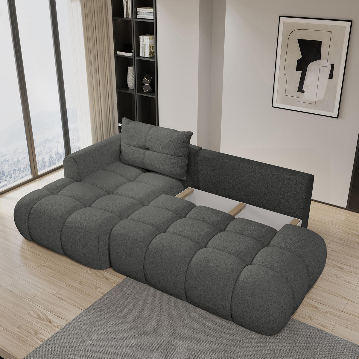 ECKSOFA FLUMA L-S Grau Boucle-Stoff mit Schlaffunktion - Grau, Holz (274/165cm) - MASSENO