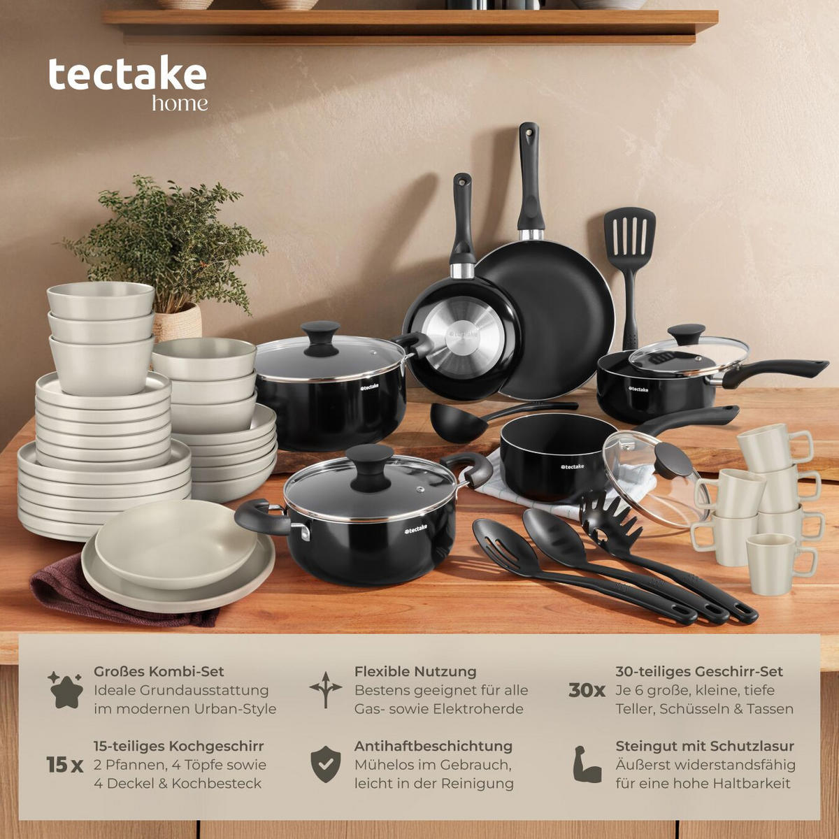 KÜCHENSTARTERSET Una/Varese, inklusive 5 Küchenwerkzeugen, schwarz/taupe - Taupe/Schwarz, Keramik (26/4.8/45.5cm) - tectake