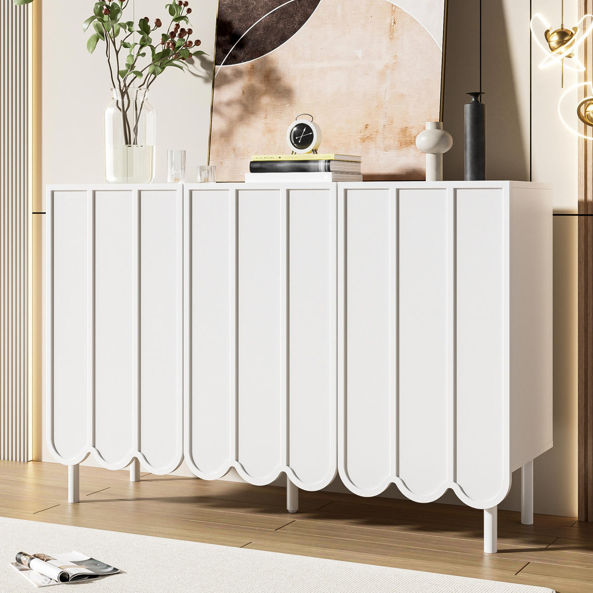 SIDEBOARD 120x35x80 cm, gewellte Türen, Weiß - Weiß, Holz (120/80/35cm)