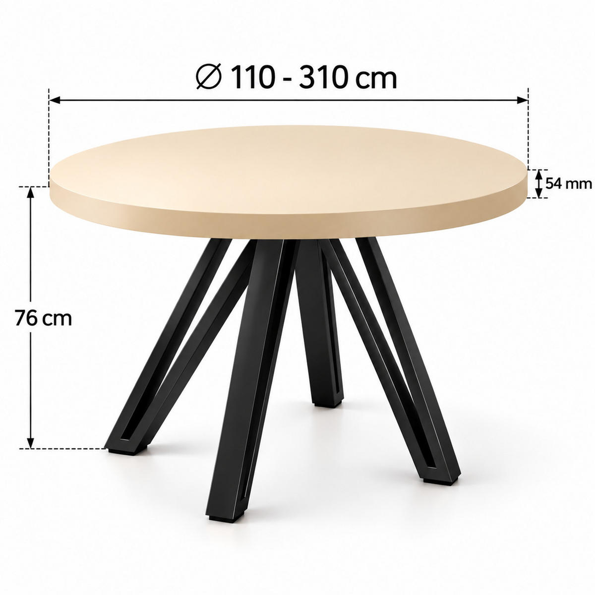 ESSTISCH rund ausziehbar 110/310/76 cm, Kaschmir, 54 cm Tischplatte + Industrial Metallgestell Schwarz - Kaschmir/Schwarz, Holzwerkstoff/Metall (110/310/76cm) - Damale Möbel