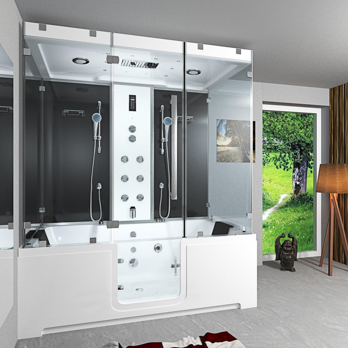 BADEWANNE mit Tür Dusche K88-SW-EH-A-EA Duschtempel - Schwarz, Glas/Kunststoff (180/228/100cm) - AcquaVapore by Sandra Jentho