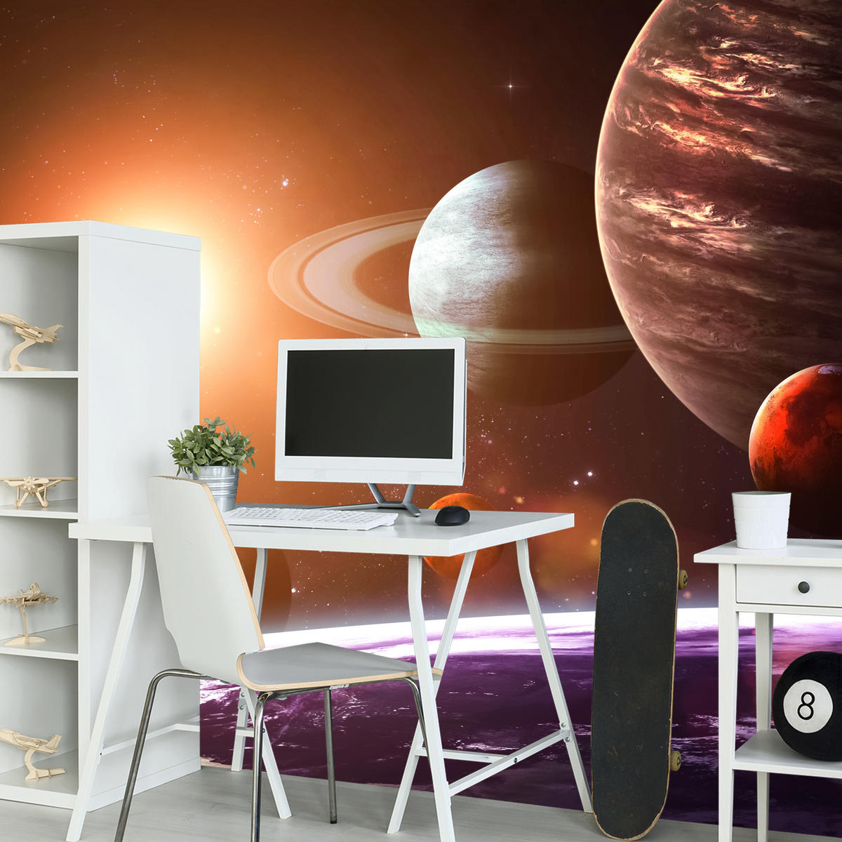 FOTOTAPETE für Büro Sonnensystem Planeten Blick Sterne 350x256 - Gelb/Violett, Papier (350/256cm) - Muralo