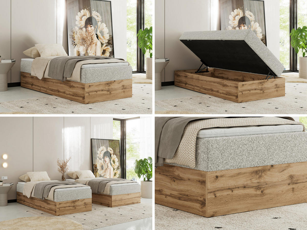 BOXBETT WOOD ZERO 90/200 - Hellgrau Struktur - H3 - Topper T25 - Hellgrau, Textil (90/200cm) - MKS
