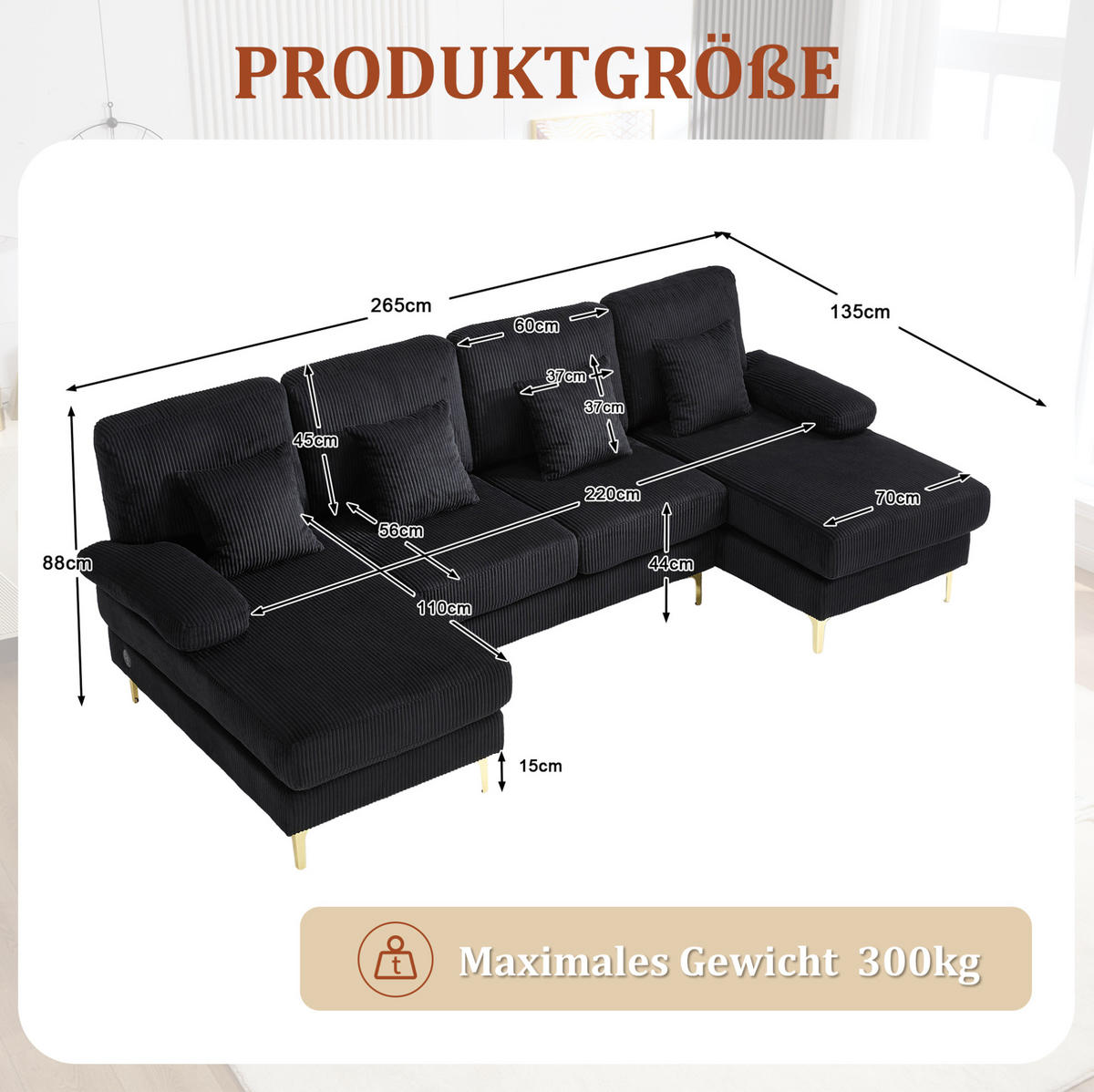 WOHNLANDSCHAFT 265/135/88 cm in Schwarz aus Samt mit LED-Beleuchtung und USB-Anschluss - Schwarz, Textil (135/88/265cm) - Flora Grace