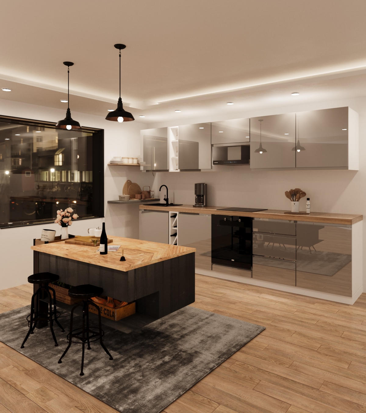 KÜCHENZEILE 320 cm - Aspen KA15-M320- in Grau/Hochglanz - Grau, Holz (320/212/52cm)