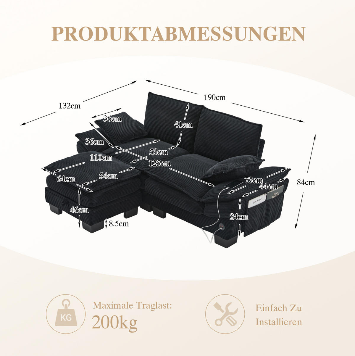 SOFA 2-Sitzer mit Hocker 190 x 132 cm Cord Schwarz - Schwarz, Kunststoff (132/190cm) - Meubliv