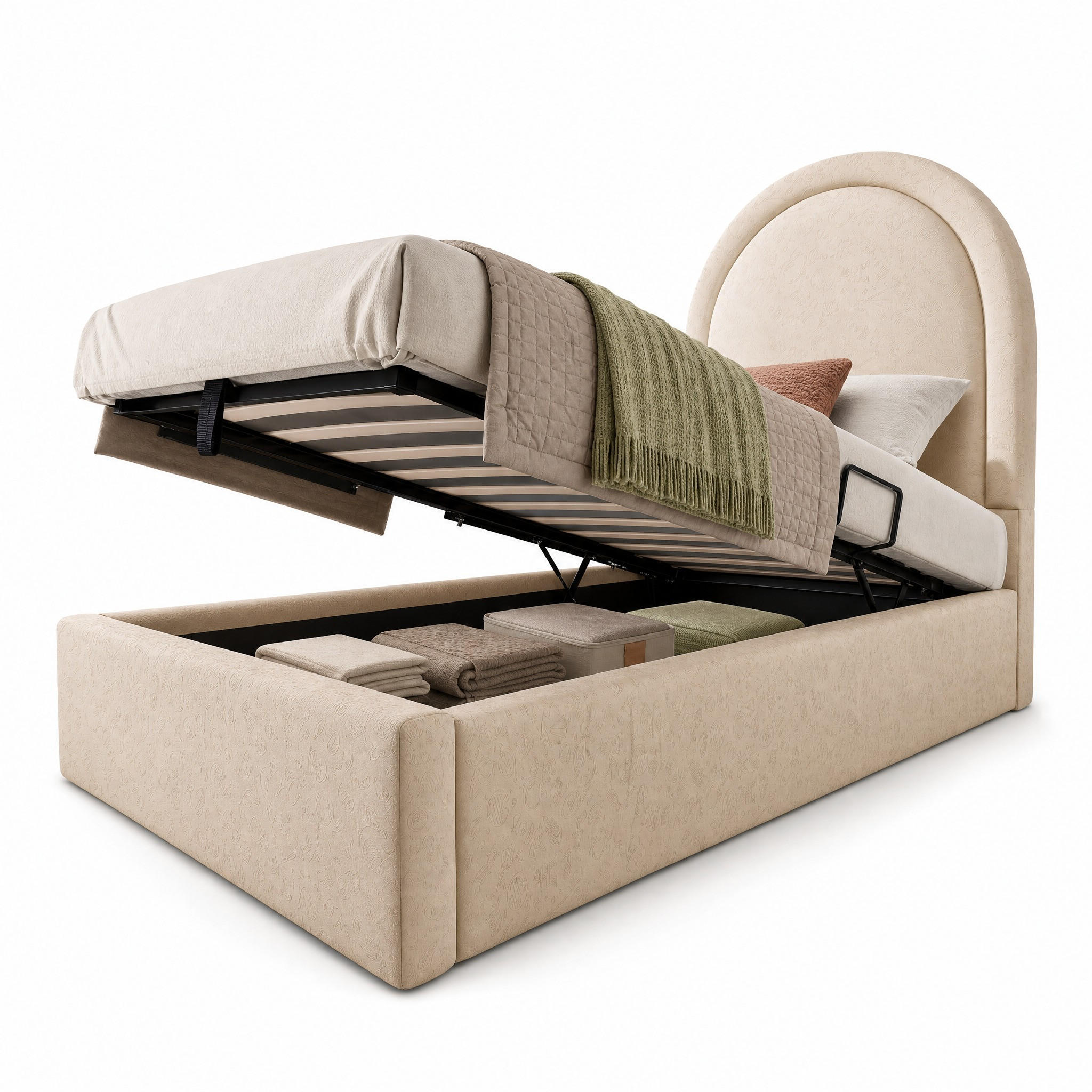 KINDERBETT 90/200 cm in Beige mit Bettkasten und Matratze - Beige, Holzwerkstoff/Textil (90/200cm) - STILVORA