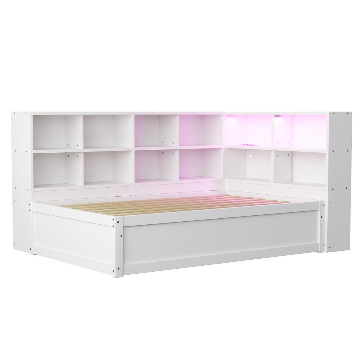 BETT aus Kiefernholz 90x200 cm Weiß mit LED-Beleuchtung, Steckdose, Stauraum und hydraulischer Funktion - Weiß, Holzwerkstoff (90/200cm) - Modfu