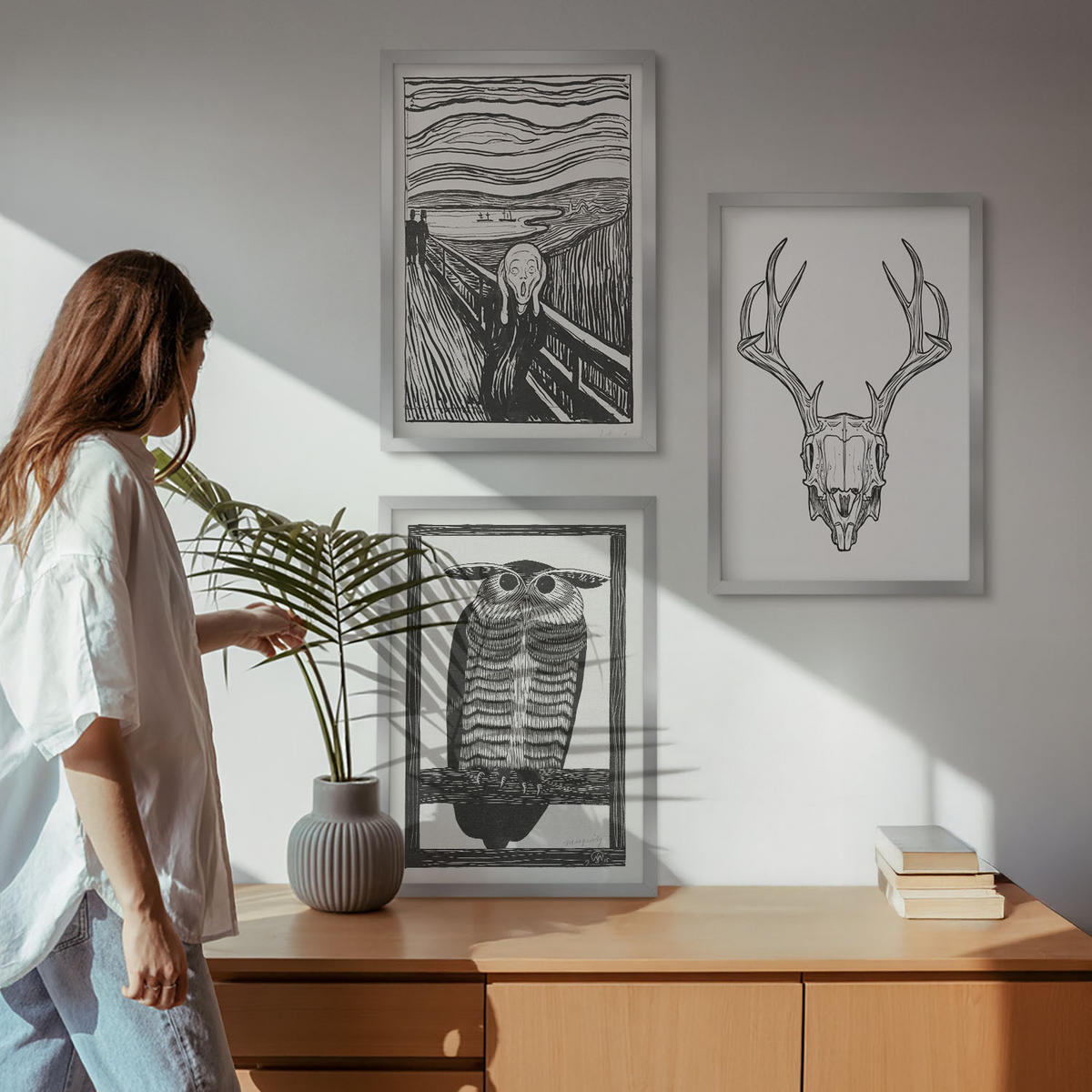 WANDBILDER 3er Set - 40x60 cm Silberner Rahmen - Grafiken mit schreiendem Totenkopf-Eulen - Silberfarben, Kunststoff (40/60cm) - ArtPrintCave