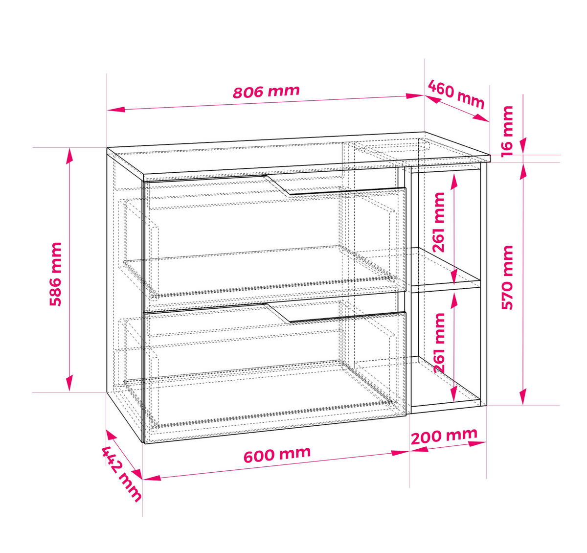 BADEZIMMERSCHRANK: Schwarz, 80 (60 + 20) x 46 x 58 cm - Schwarz, Holzwerkstoff (80/58/46cm) - 3XE LIVING