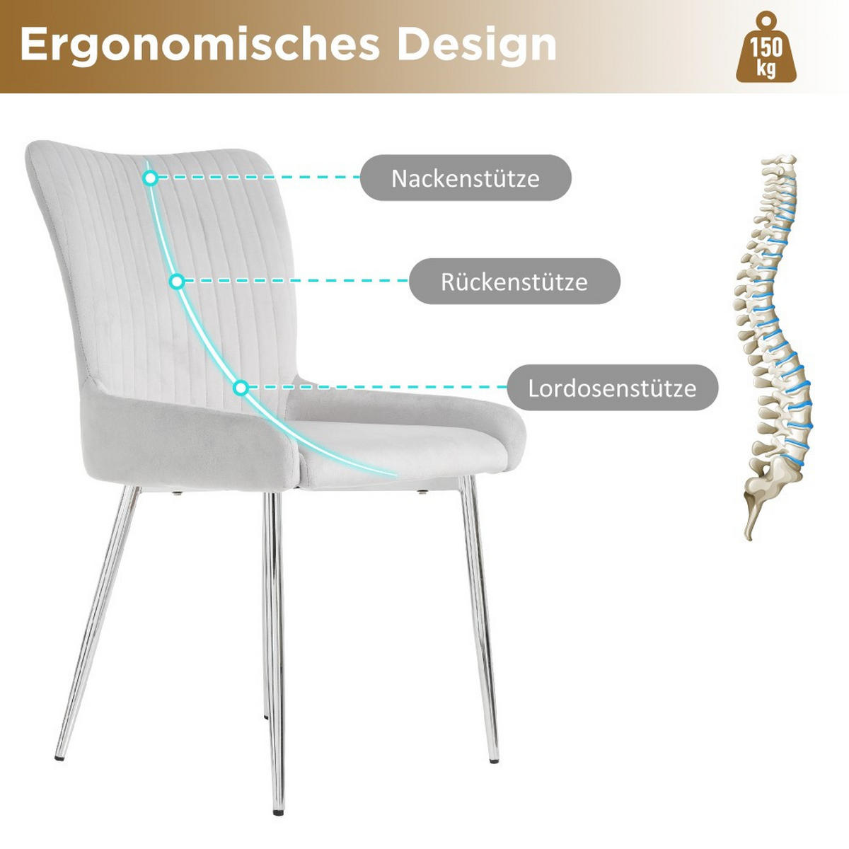 STUHL SET 2 Stück in Grau Samt mit Silberne Metallstützbeinen - Grau, Textil (58/85/47cm) - KOMHTOM