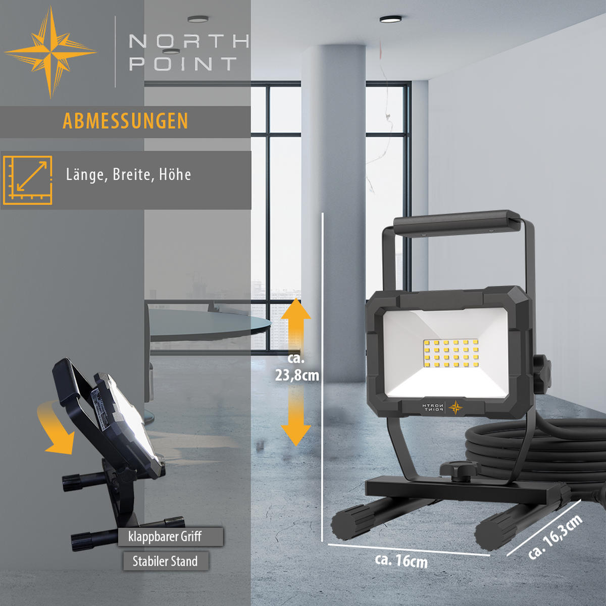 LED-BAUSTRAHLER mit Standfuß - 20W für handwerkliche Tätigkeiten im Innen- und Außenbereich, 2er-Set - Schwarz, Metall (16.3/16/24cm) - Northpoint