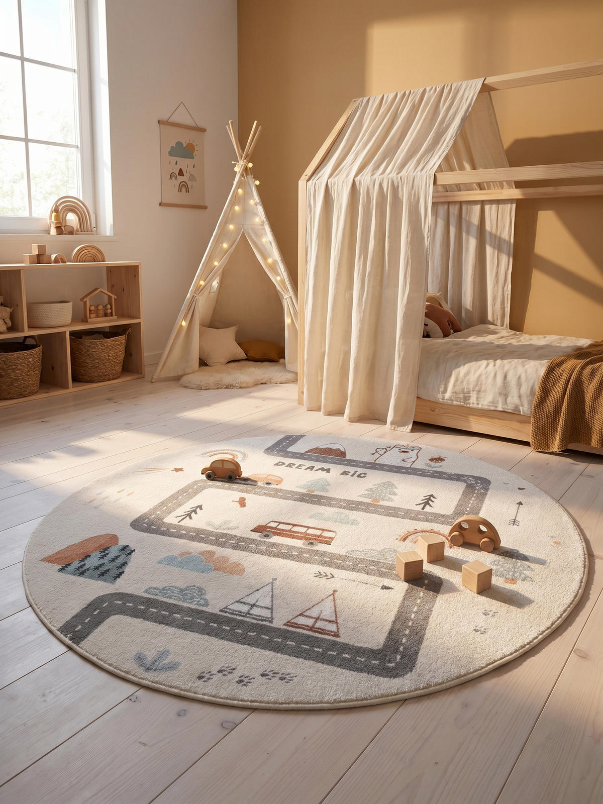 SPIELTEPPICH Waschbar TINO in Creme, mit Straßenkarten-Motiv, Ø 160 cm - Beige, Textil (160/160cm) - KADIMA DESIGN