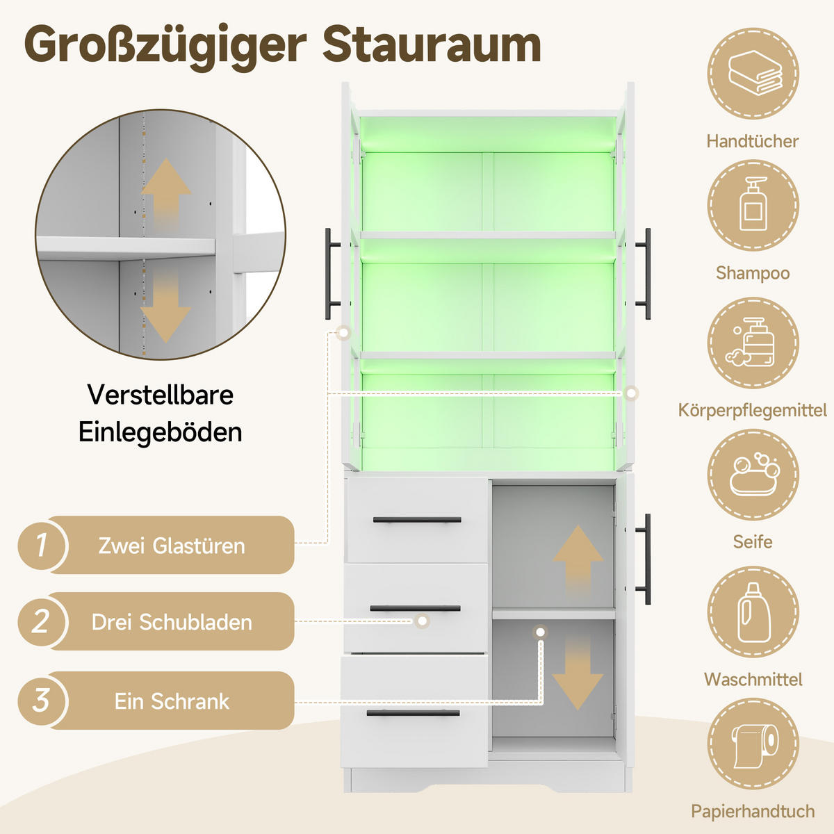 BUFFET Multifunktionaler Vitrinenschrank mit LED Lichtband, Glastüren und verstellbaren Böden Weiß modern MDF/Glas - Weiß, Glas/Holzwerkstoff (72/170/35cm) - EVRYAE