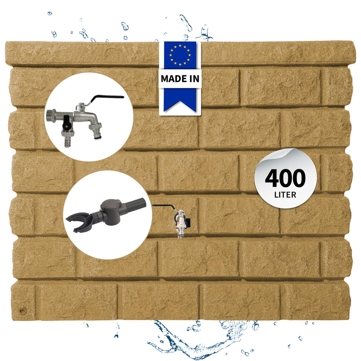 REGENTONNE Wandtank Komplett-Set 400 L, sand inkl. Chrom-Doppelauslaufhahn und Fallrohranschluss - Beige, Kunststoff (40/100/120cm) - GARANTIA