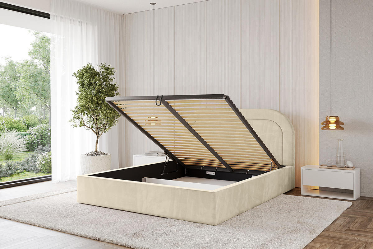 POLSTERBETT mit Bettkasten und Lattenrost, Bett mit Matratze H3/H4 - LERAY 180x200 Beige - Ecru, Holzwerkstoff/Textil (180/200cm) - ALTDECOR