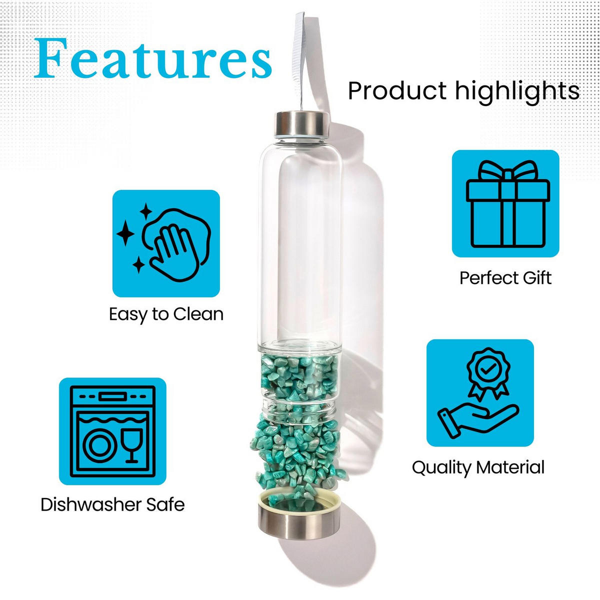 WASSERFLASCHE mit Heilsteinen und Tasche 400ml - Blau, Glas (0.4L) - Intirilife