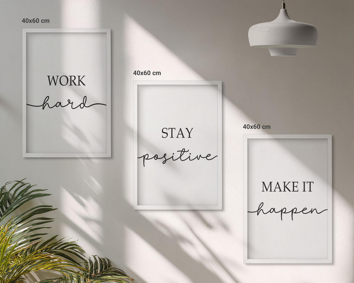 BILDER SET 3er Set - 40x60 cm Weißer Rahmen - Minimalistische Motivationsinschriften - Weiß, Kunststoff (40/60cm) - TULUP