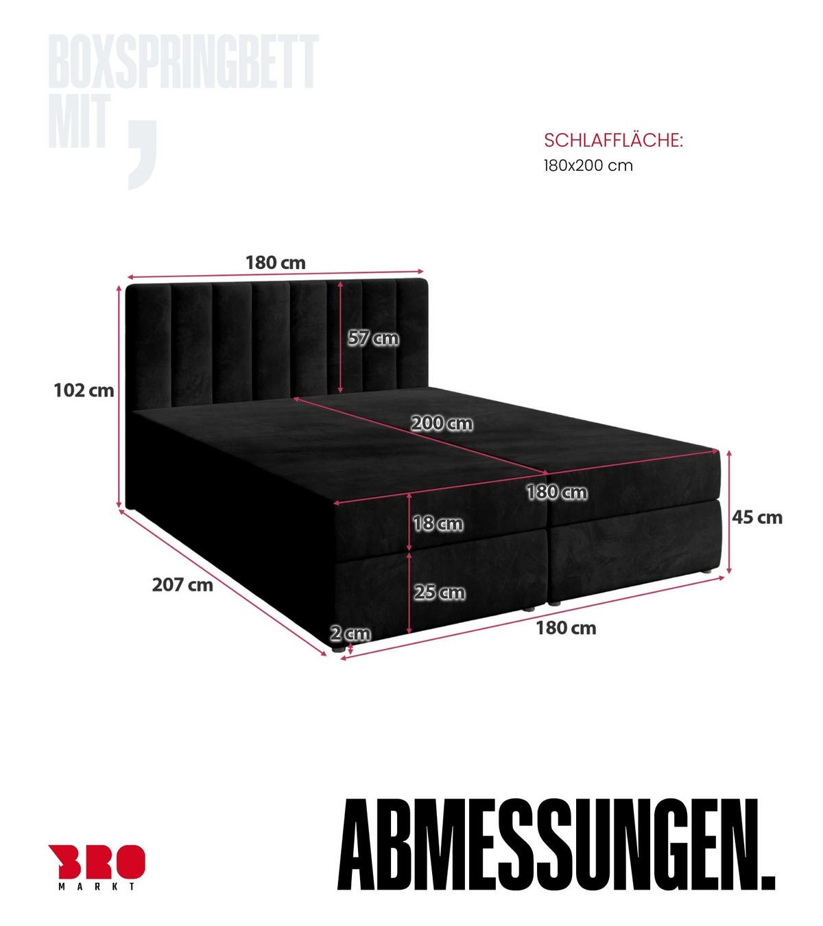 BOXBETT Denver mit Topper 180/200 Schwarz - Schwarz, Holzwerkstoff/Textil (180/200cm) - Bromarkt