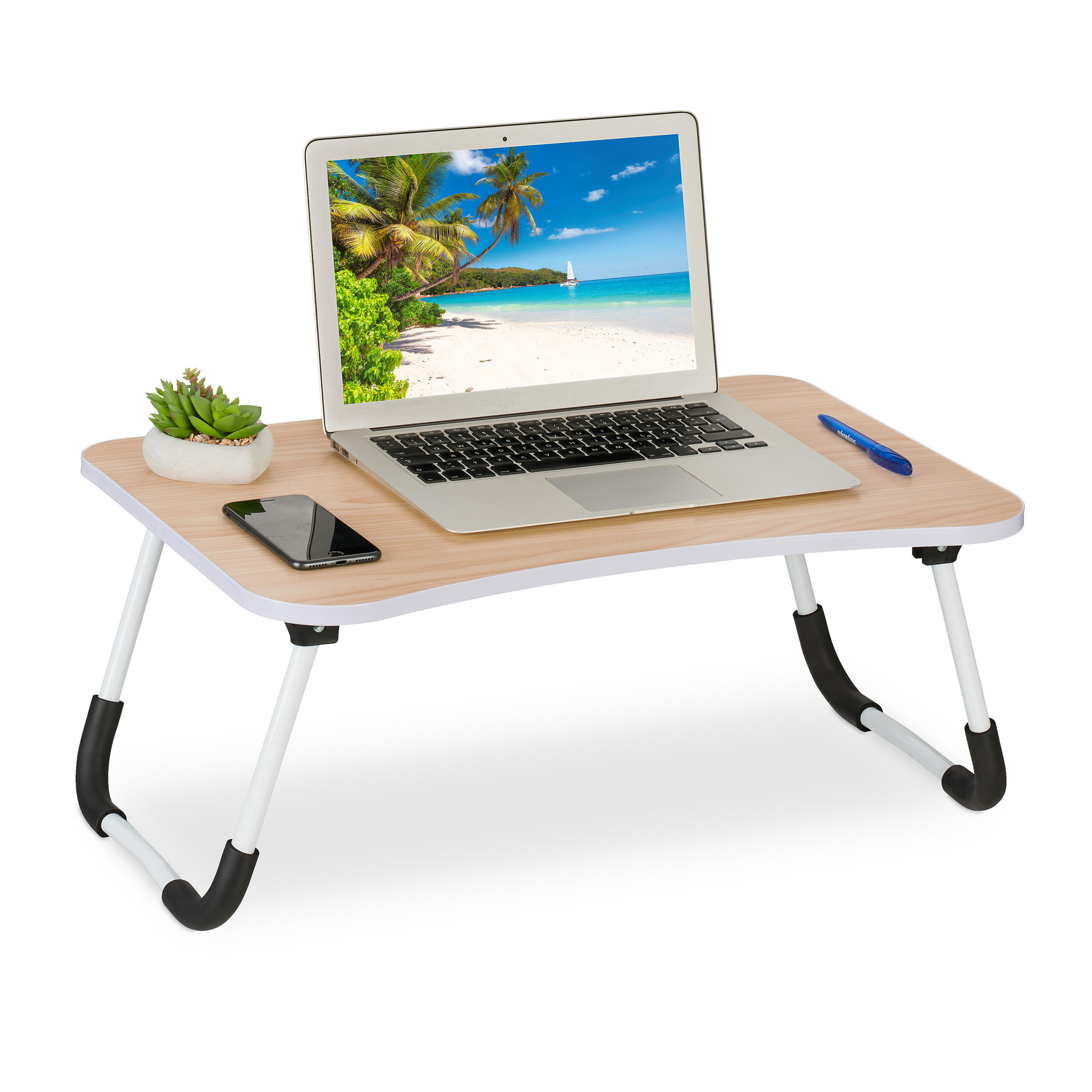 LAPTOPTISCH Natur Weiß Schwarz klappbar 60x40 cm - Hellbraun, Holzwerkstoff/Kunststoff (40/63/26cm) - Relaxdays