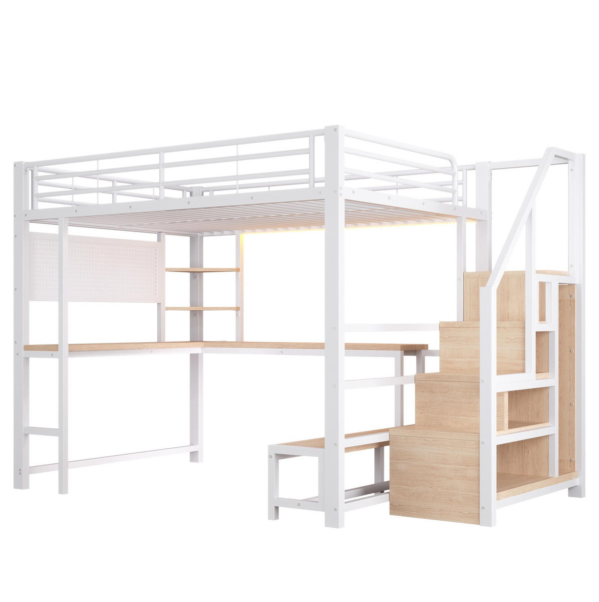 HOCHBETT 140x200 cm in Weiß mit Schreibtisch, Stauraumtreppe, LED und USB-Anschlüssen - Weiß, Holzwerkstoff (140/200cm) - IVMEU