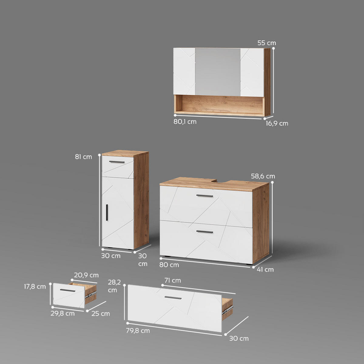 BADMÖBEL-SET Ronco Weiß Hochglanz/Goldkraft Eiche 3 Teile, mit Schubladenschrank und Midischrank - Weiß Hochglanz/Eiche Wotan, Holzwerkstoff (80/58/41cm) - Livinity®