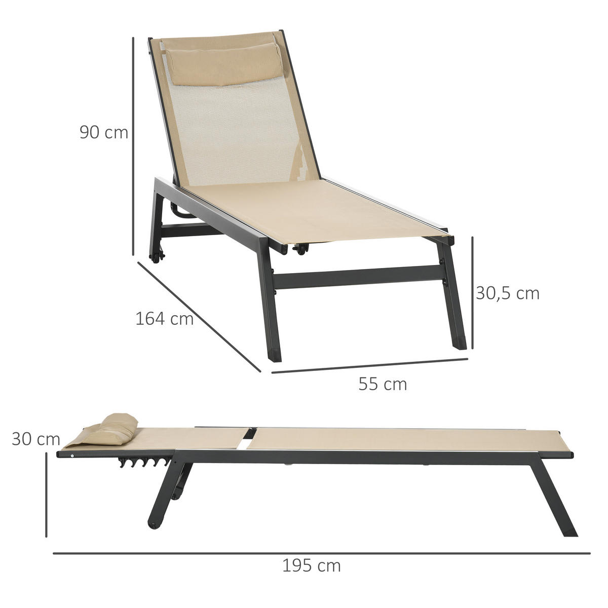 SONNENLIEGE DE-15612 Aluminium + Textilene, klappbar, mit Rollen & Kopfkissen Khaki - Mokka, Metall (55/90/164cm) - ComfortXL
