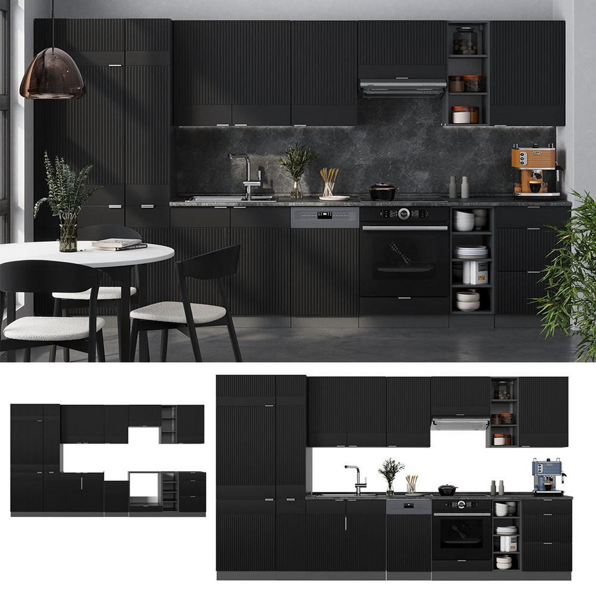 KÜCHENZEILE Fame-Line Schwarz gestreift/Anthrazit 355 cm , AP Eiche - Anthrazit/Schwarz, Holzwerkstoff (355/206.8/60cm) - Vicco
