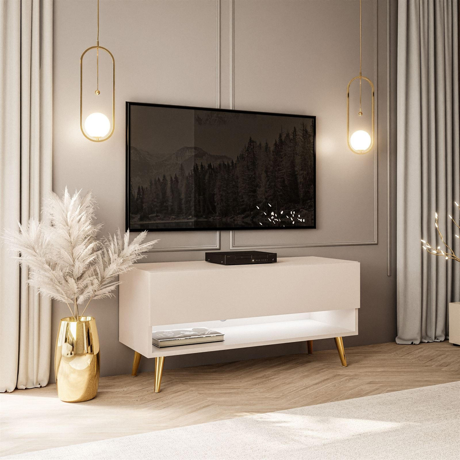 LOWBOARD TV-Schrank CALANTE 90 cm auf schrägen goldenen Chrom-Beinen - Kaschmir/Goldfarben, Holzwerkstoff/Metall (90/43/35cm) - Lookway