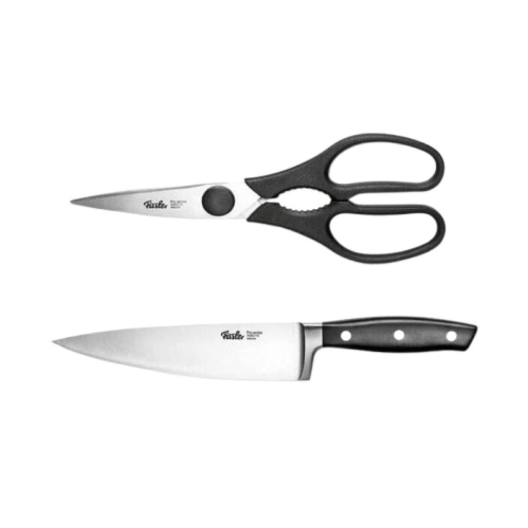 KÜCHENMESSER SET 2-tlg Schwarz, Kochmesser 190 mm, Küchenschere, Edelstahl, Schneidemesser, Küchenzubehör, Profi Messer, Klingenstahl, Kochbedarf - Silberfarben/Schwarz, Kunststoff/Metall - Fissler