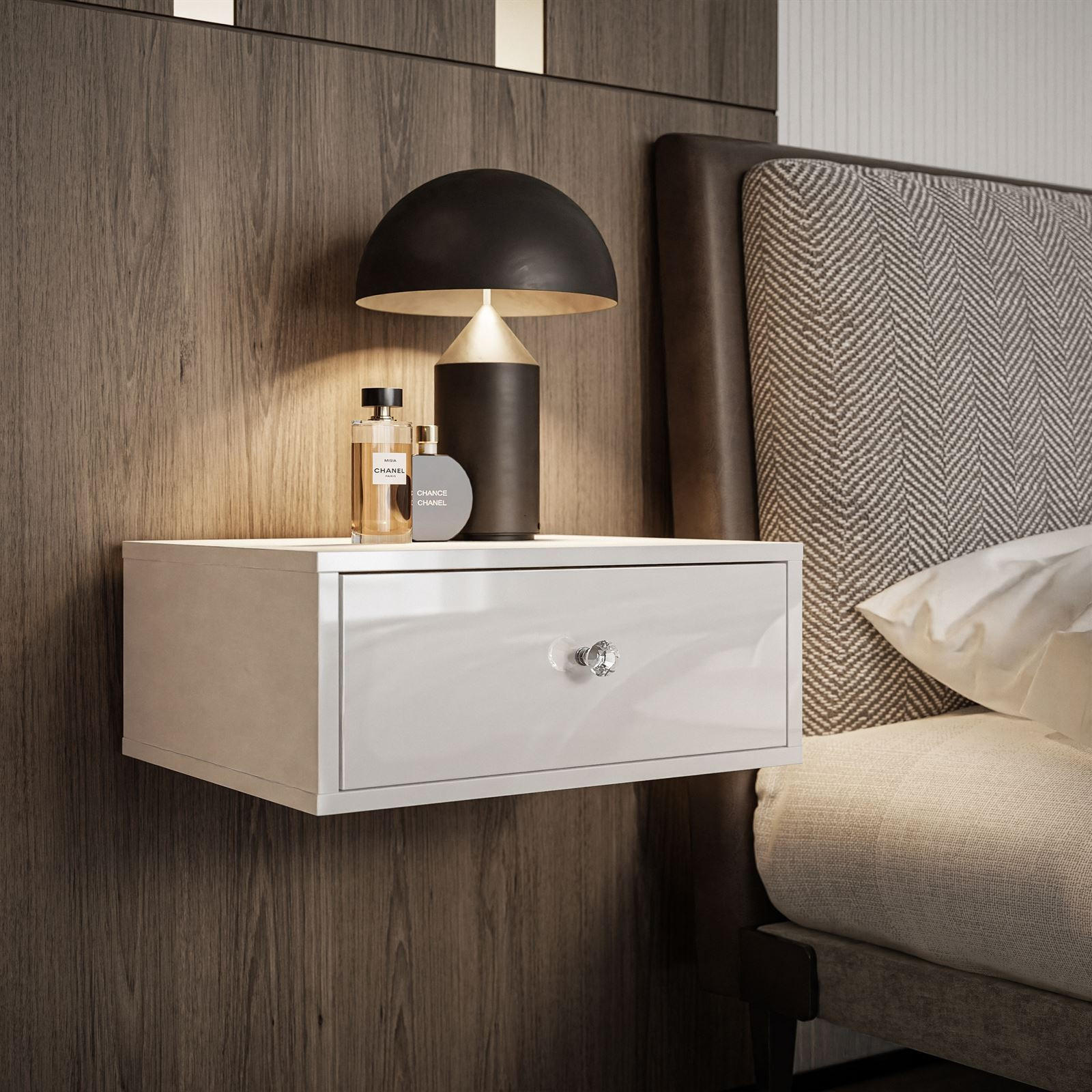 Hängender Nachttisch BLANCO Hochglanz Weiß Kristallgriff - Weiß Hochglanz, Holzwerkstoff (45/20/36.6cm) - Lookway