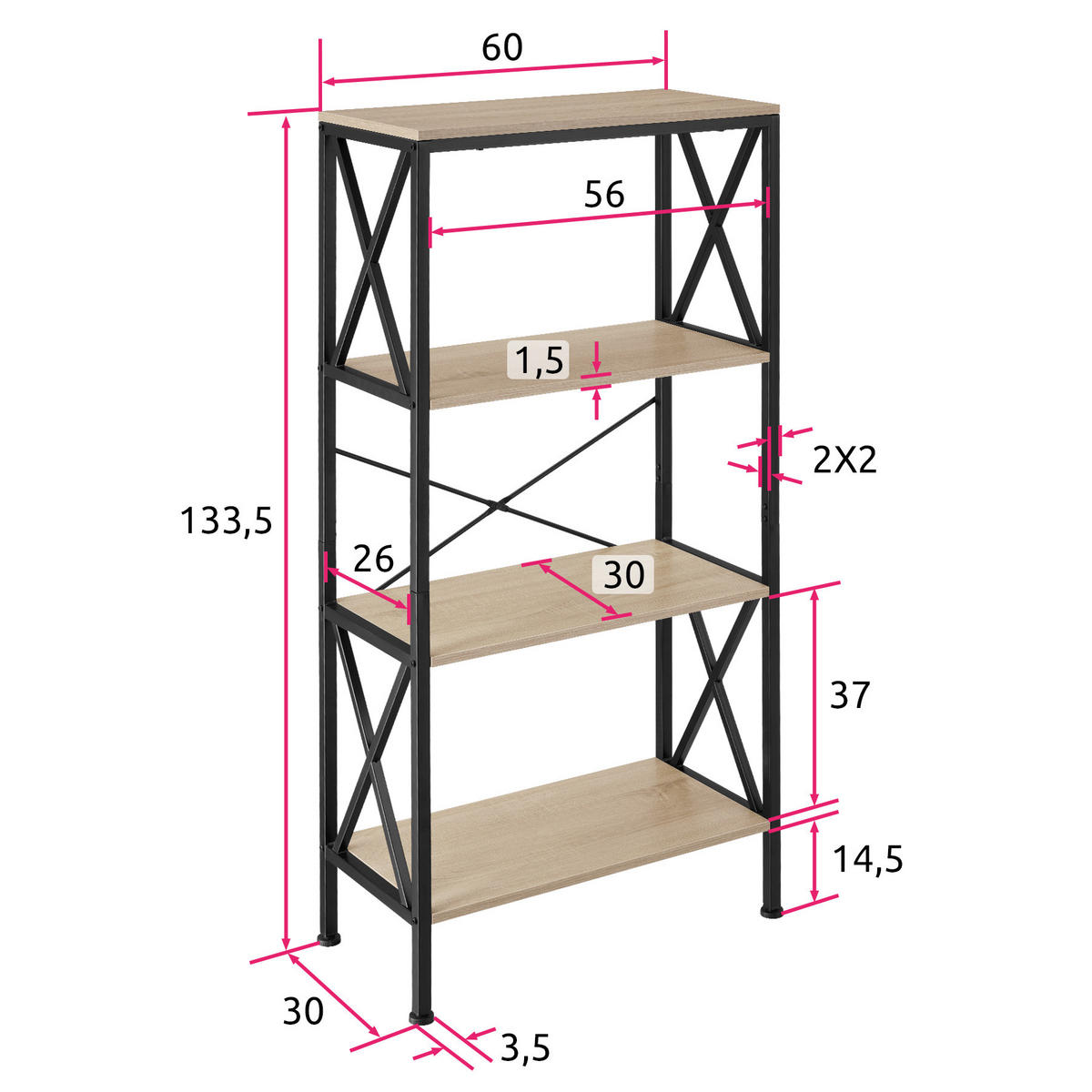 REGAL Barry,inklusive Kippschutz, 61,5 x 31,5 x 133,5 cm,Industrial Holz hell, Eiche Sonoma - Naturfarben, Holzwerkstoff (31.5/133.5/61.5cm) - tectake