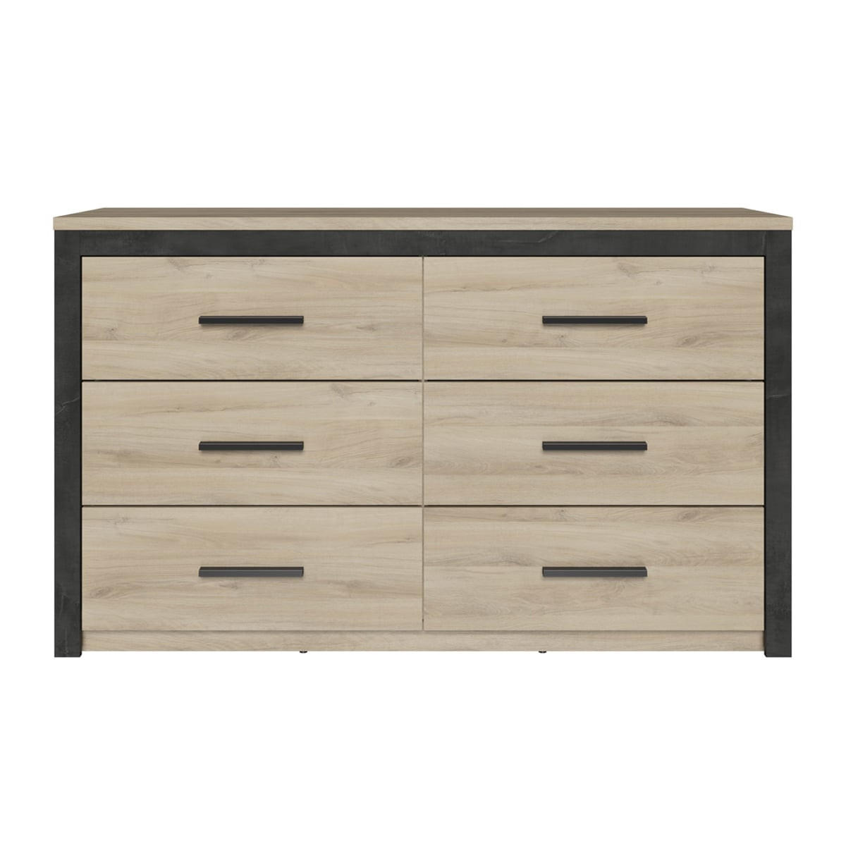 KOMMODE mit 6 Schubladen, Eiche und Schwarz Dekor L129 cm - Colorado - Eichefarben, Holzwerkstoff (41.8/77.1/41.3cm) - Calicosy