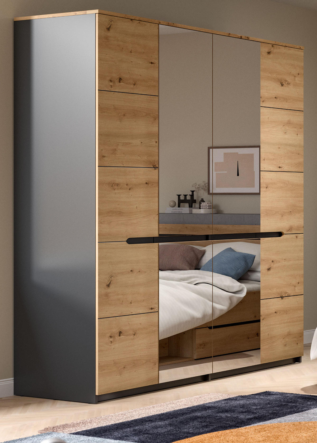 KLEIDERSCHRANK Eiche Artisan, grau 4-türig 180 cm, Drehtürenschrank mit Soft-Close und Spiegel - Eiche Artisan/Grau, Glas/Holzwerkstoff (180/198/59cm) - Inn.Furn